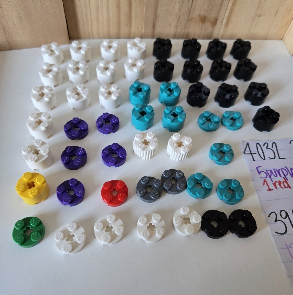 Lego Round Bricks Plates Set 53pc 2x2 axel hole dark purple turquoise white gray